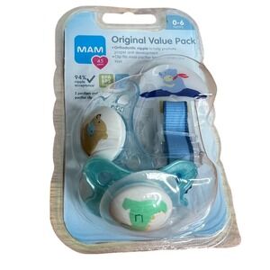 MAM Orthodontic Pacifiers and Clip 0-6 Months‎ 2 Pack Bear Dinosaur NEW